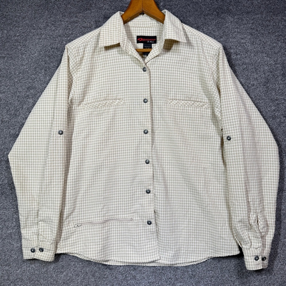 Sportif‎ USA Shirt Womens M Tan Gingham Roll Tab Sleeve Button Up Pocket
